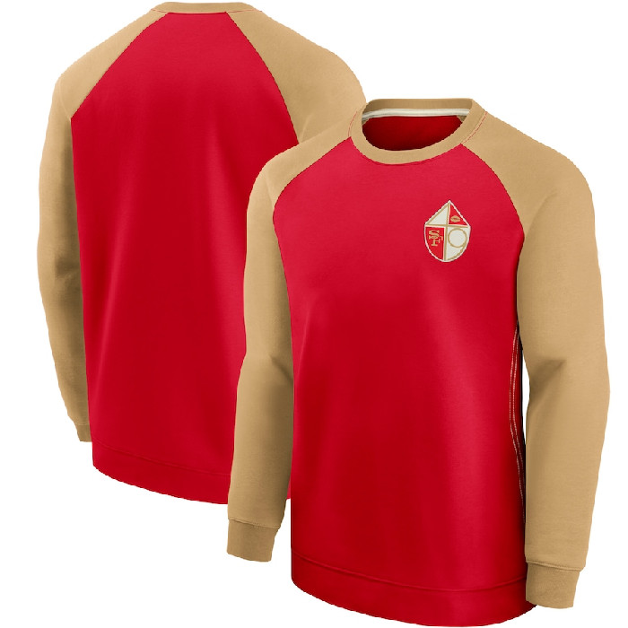 Men's San Francisco 49ers Scarlet/Gold Historic Raglan Crew Performance Sweater